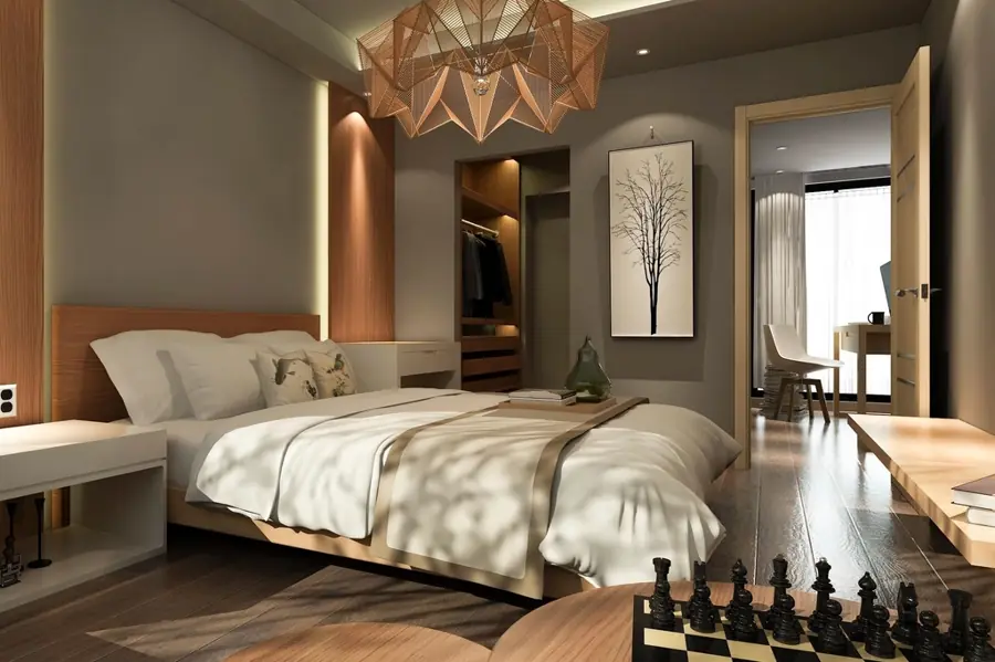Bedroom with a papered feature wall